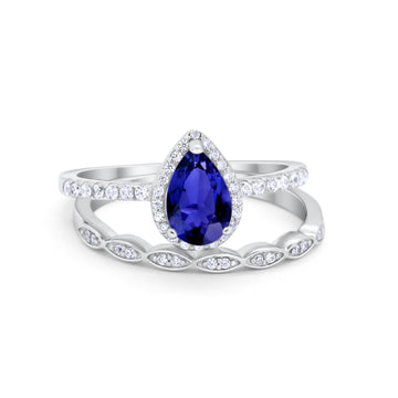 Art Deco Teardrop Wedding Piece Ring Simulated Blue Sapphire CZ 925 Sterling Silver